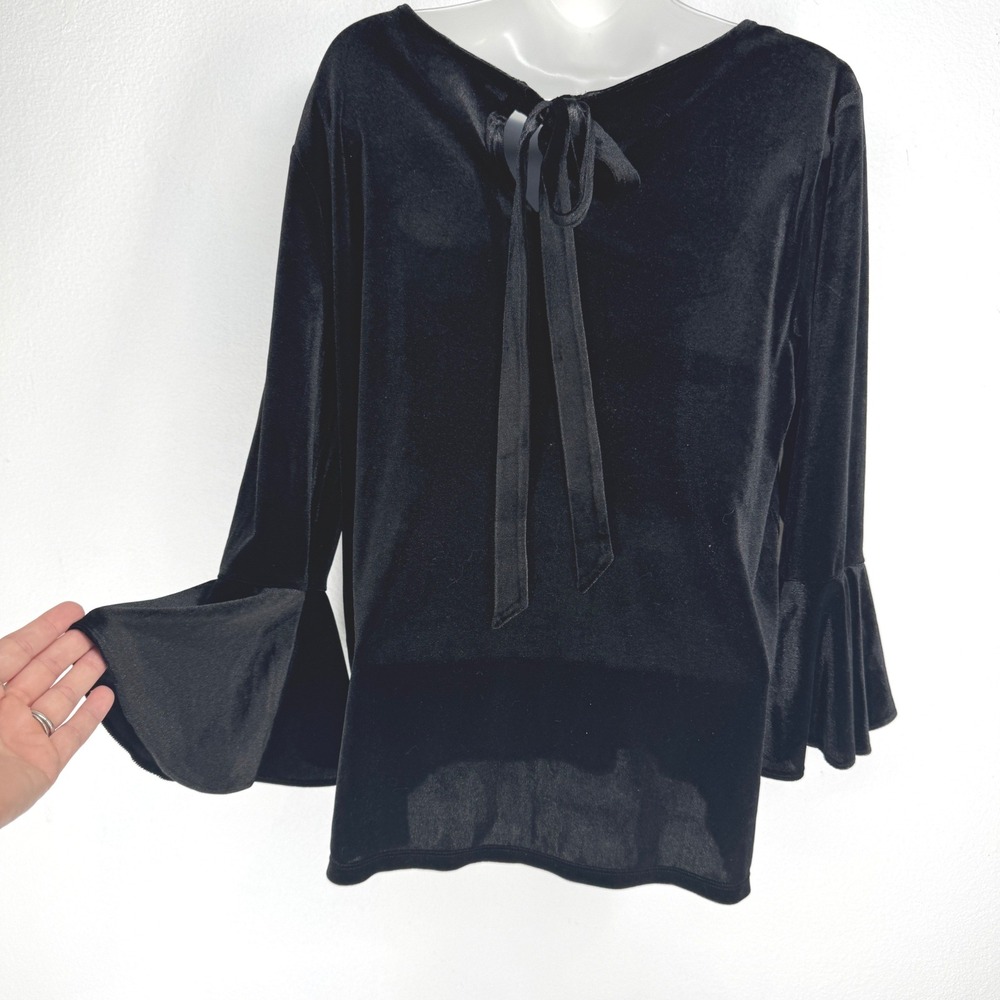 The Limited Black Velvet Flare Bell Sleeve Tie Back Shirt Womens Size Large